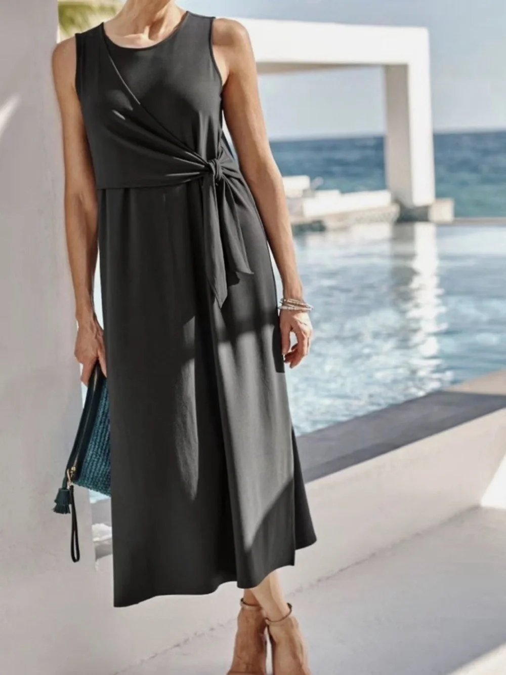 J. Jill Wearever Side Tie Sleeveless Maxi Dress Sz M Jersey knit